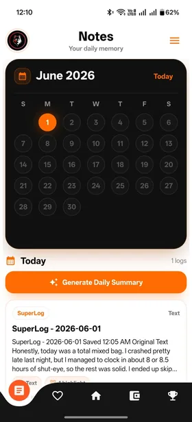 Kiomora daily notes and journal history screen